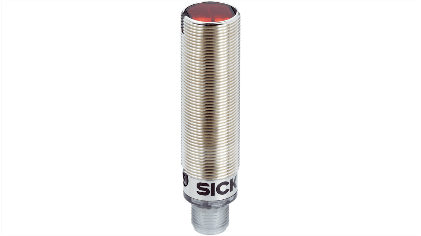 Sensore fotoelettrico cilindrico Sick GRSE18-P2442, rilevamento fino a 15 m, uscita PNP, grado di protezione IP67.