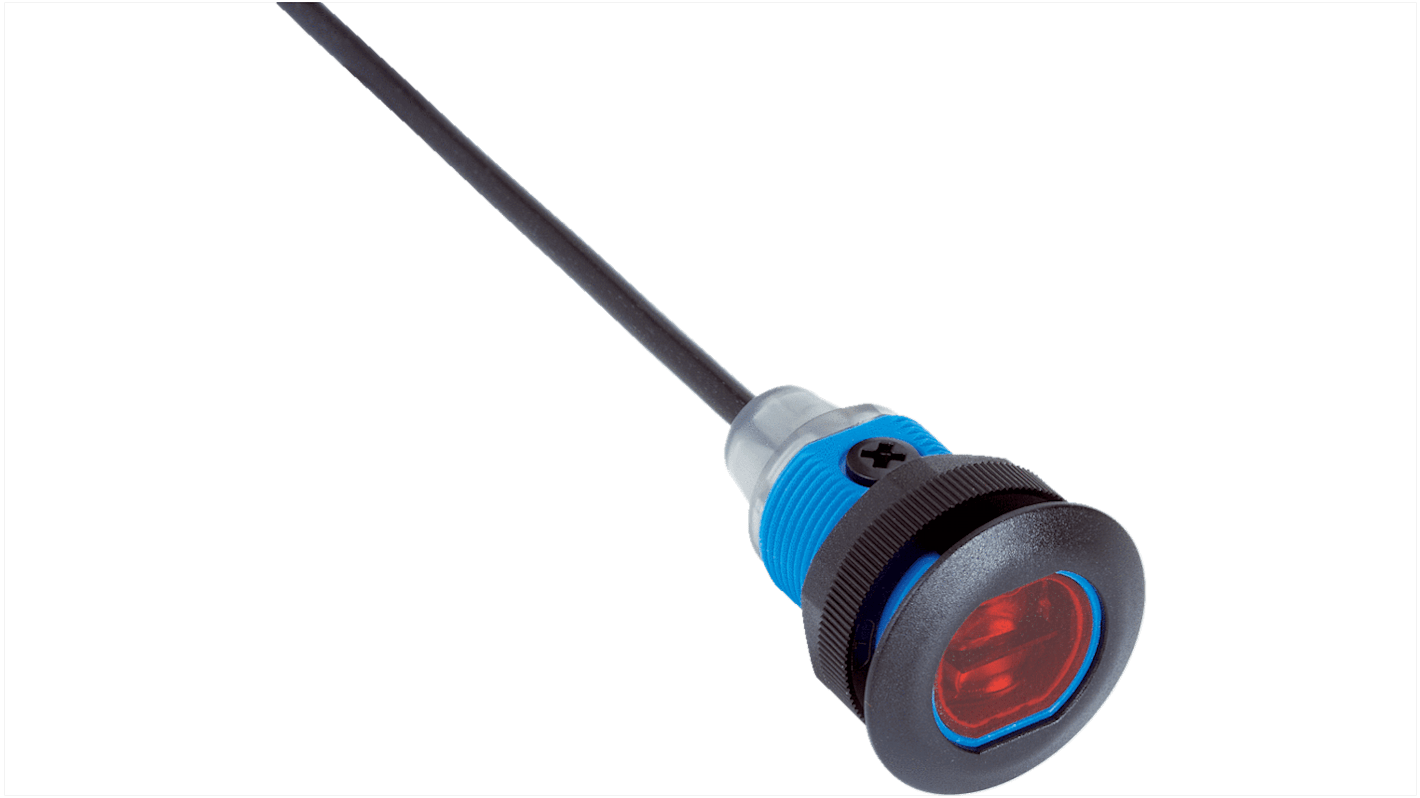 Sensore fotoelettrico cilindrico Sick GRSE18S-F1336, rilevamento fino a 15 m, IP67, uscita buio, temperatura -25/+55 °C.