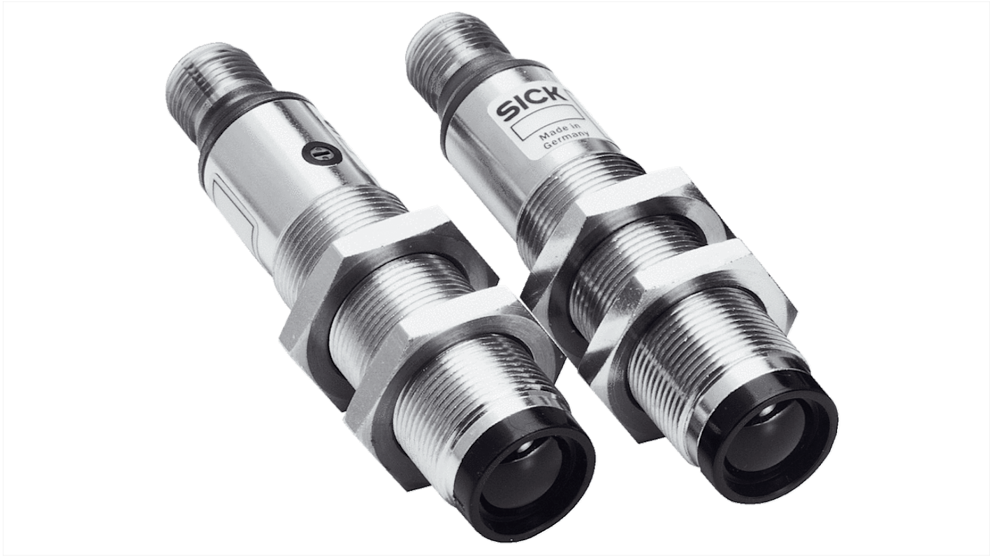Sensore fotoelettrico cilindrico Sick VS/VE18-4N3212, rilevamento a fascio diretto, IP67, uscita NPN, gamma 0-20 m.