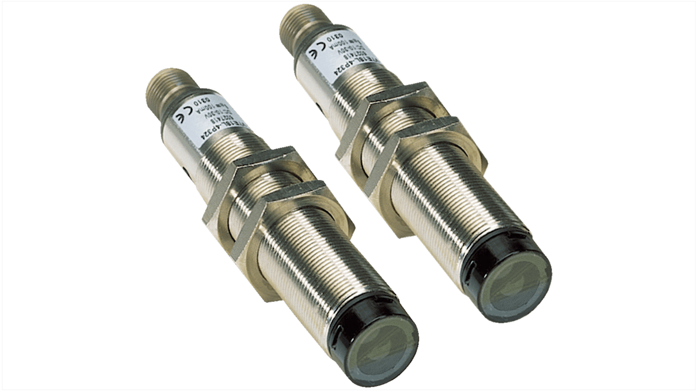 Sensore fotoelettrico cilindrico Sick VSE18L-4P324, rilevamento fino a 60 m, uscita PNP, IP67, custodia metallica.