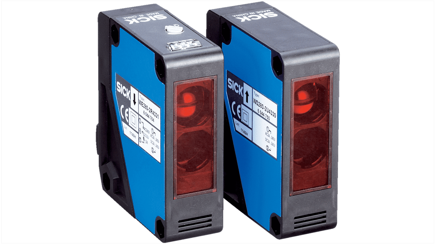 Sensore fotoelettrico rettangolare Sick WSE280-2H1531, rilevamento fino a 60 m, alimentazione 10-30 V c.c. o 240 V c.a./c.c., IP66/IP67.