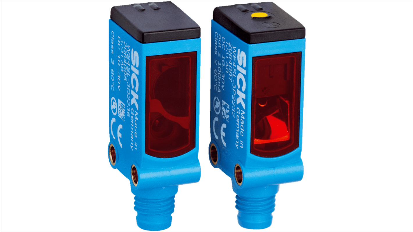 Sensore fotoelettrico rettangolare Sick WSE4SL-3P2237, rilevamento fino a 60 m, uscita PNP, grado di protezione IP66/IP67.