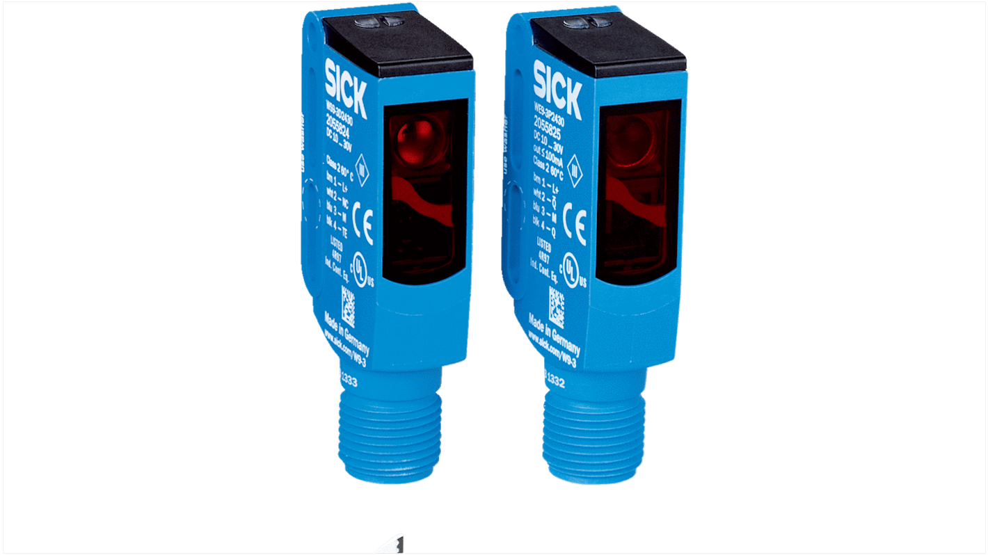 Sensore fotoelettrico rettangolare Sick WSE9-3P2430, portata 0-10 m, uscita PNP, grado di protezione IP66/IP67/IP69K.