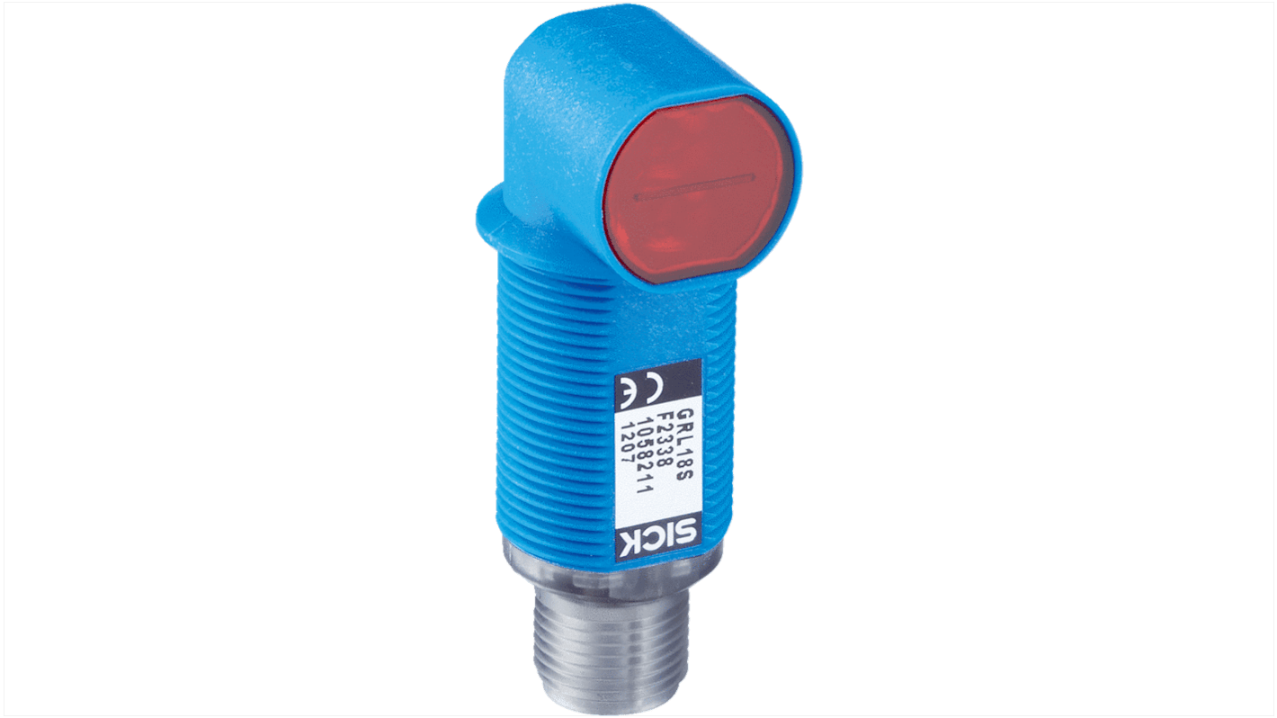 Sensore fotoelettrico cilindrico PNP Sick GRTE18S-P2369, rilevamento 5 mm-1 m, IP67, connettore M12, temperatura -25°C/+55°C.