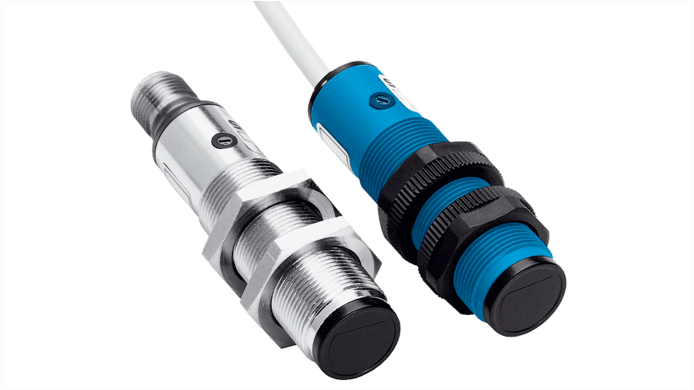 Sensore fotoelettrico cilindrico Sick VTE18-4N4712, NPN, rilevamento 5-400 mm, IP67, 4 fili, max 30V, -25°C/+70°C.