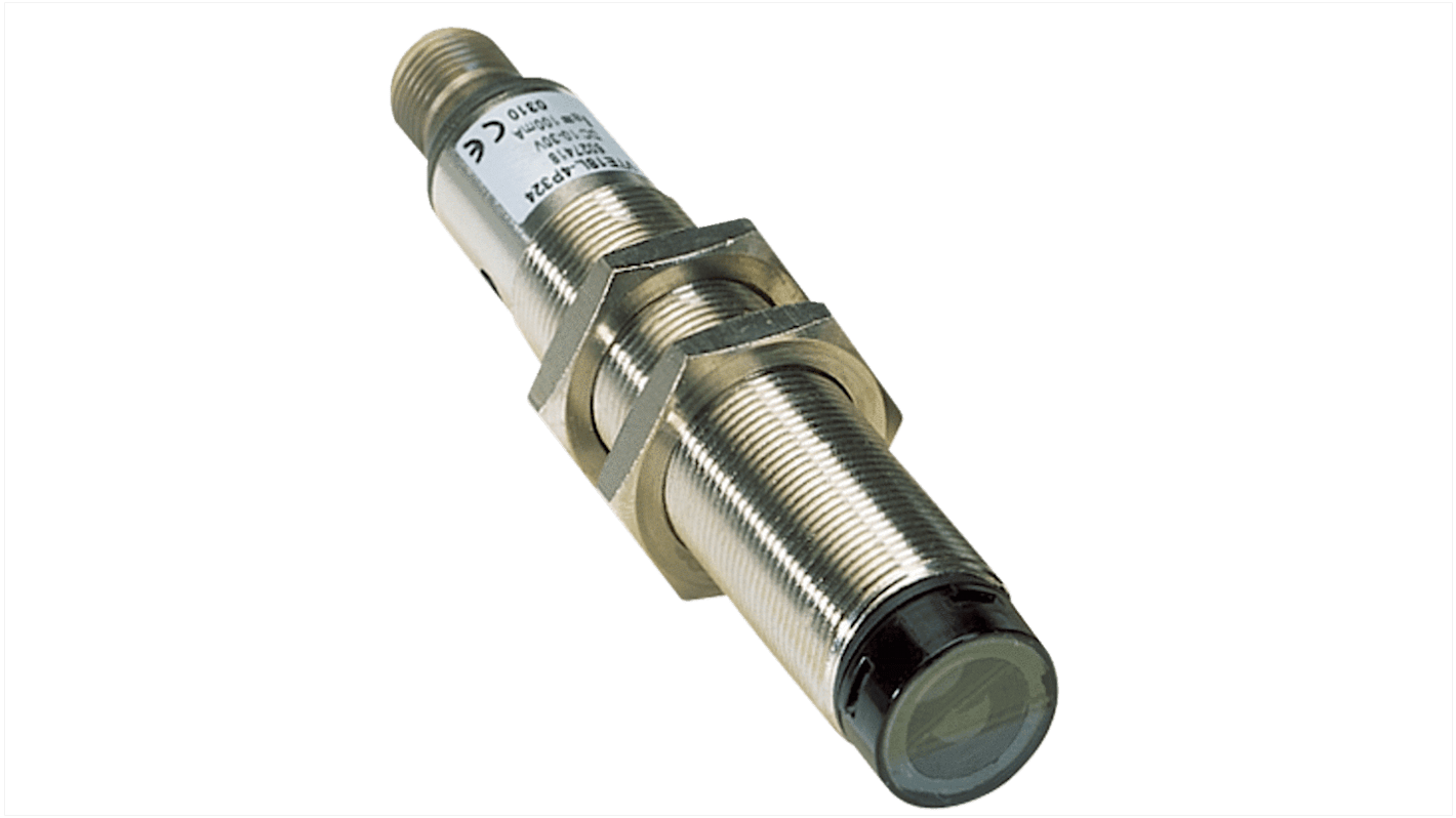 Sensore fotoelettrico cilindrico Sick VTE18L-4P324, rilevamento fino a 400 mm, uscita PNP, grado di protezione IP67.
