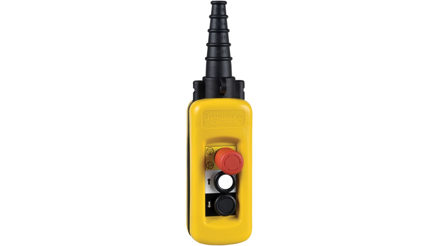 Stazione di controllo Schneider Electric XACA27141 con 2 pulsanti e 1 arresto di emergenza, grado di protezione IP65.