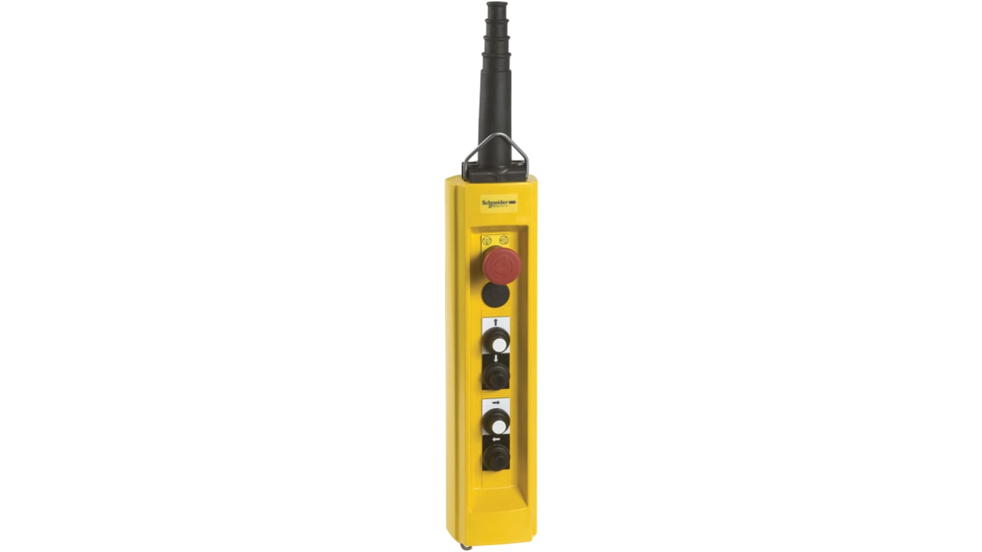 Stazione di controllo pensile Schneider Electric XACB4933, con 4 pulsanti e arresto di emergenza, grado di protezione IP65.