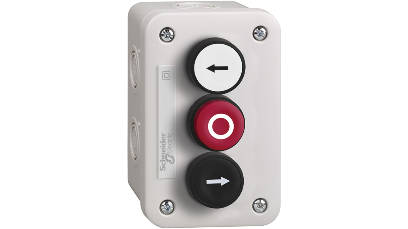 Pulsante di controllo Schneider Electric XALE3255, IP54, con tre moduli contatti e pulsante rosso sporgente.
