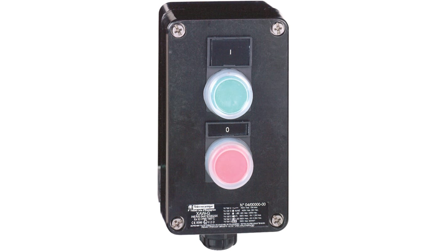 Pulsante di controllo Schneider Electric XAWF210EX, IP65, 2 fili, funzione di arresto, colore verde e rosso, dimensioni 80mm x 77mm.