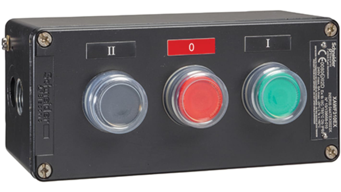 Pulsante di controllo Schneider Electric XAWF310EX, IP65, con tre funzioni e contenitore in metallo, dimensioni 80mm x 77mm.