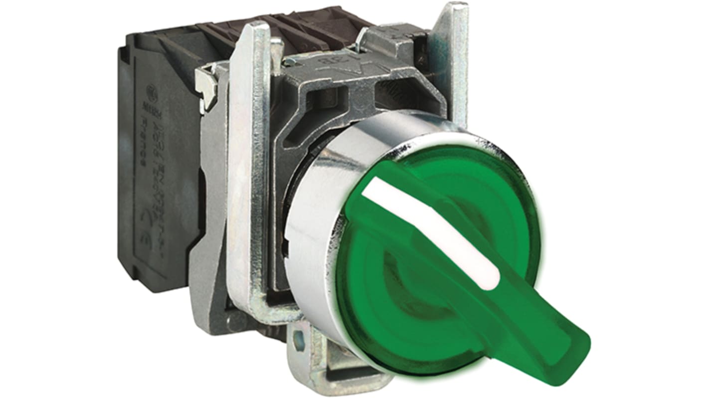 Selettore a 3 posizioni Schneider Electric XB4BK133G5, Ø22 mm, contatti NA e NC, grado di protezione IP66, colore verde metallico.