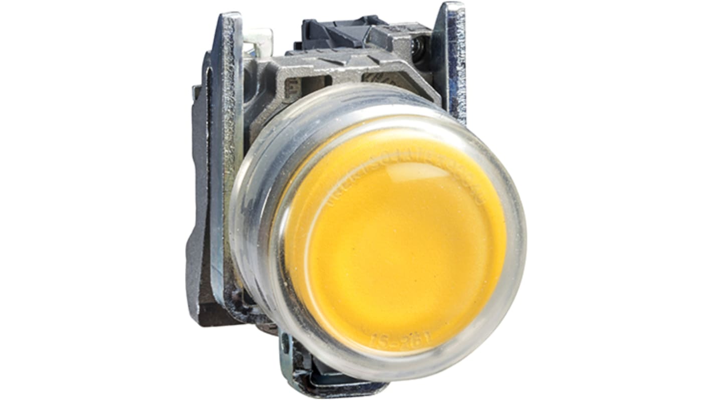 Pulsante SPST luminoso Schneider Electric XB4BP583B5EX, giallo, diametro 22 mm, cornice metallica, grado di protezione IP65.