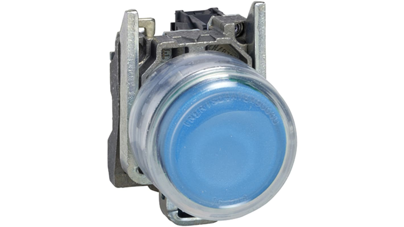 Pulsante SPST Schneider Electric XB4BP61EX, blu, Ø 22 mm, con ritorno a molla, 1 contatto NA, IP66, illuminato.