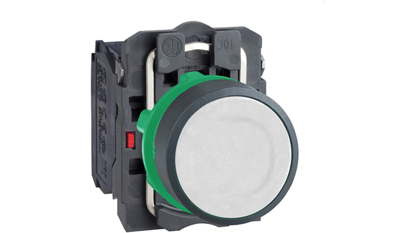 Pulsante SPDT Schneider Electric XB5AA15, diametro 22 mm, 1NO+1NC, colore bianco, grado di protezione IP66.