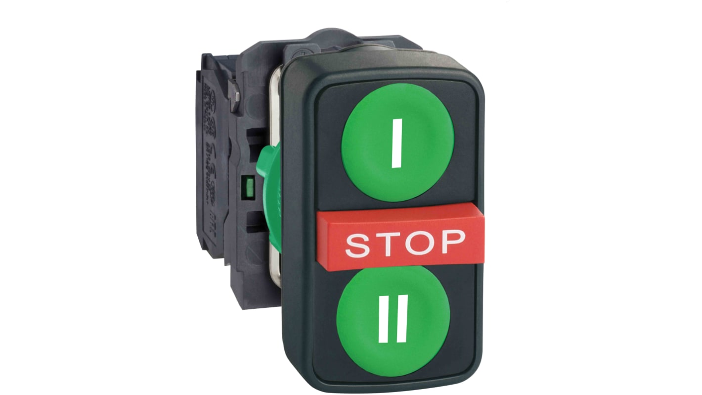 Pulsante Schneider Electric XB5AA731327, 2NA + 1NC, diametro 22 mm, con arresto centrale e grado di protezione IP67.