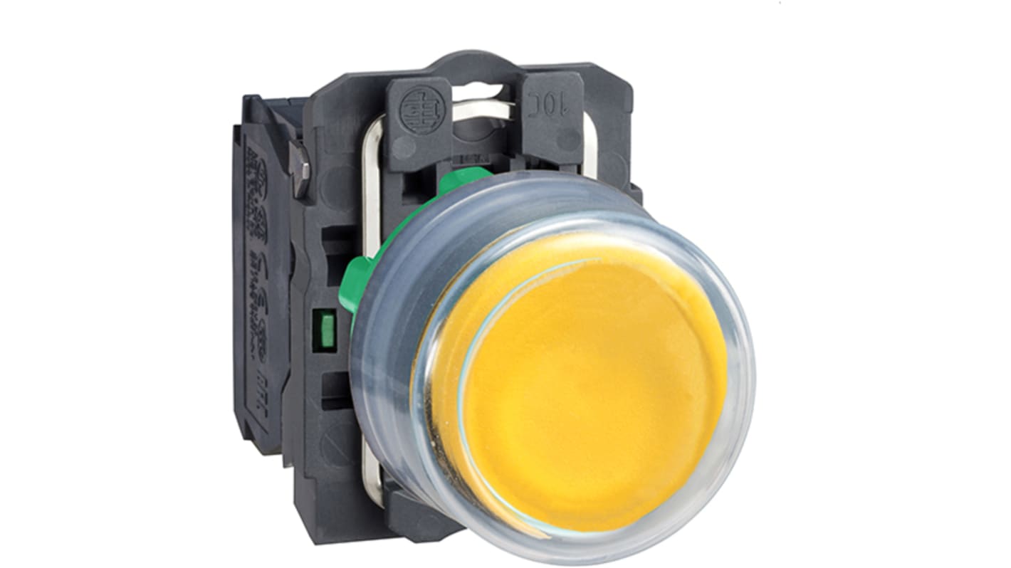 Pulsante SPST Schneider Electric XB5AP51, collare plastico, giallo, diametro 22 mm, grado di protezione IP66.