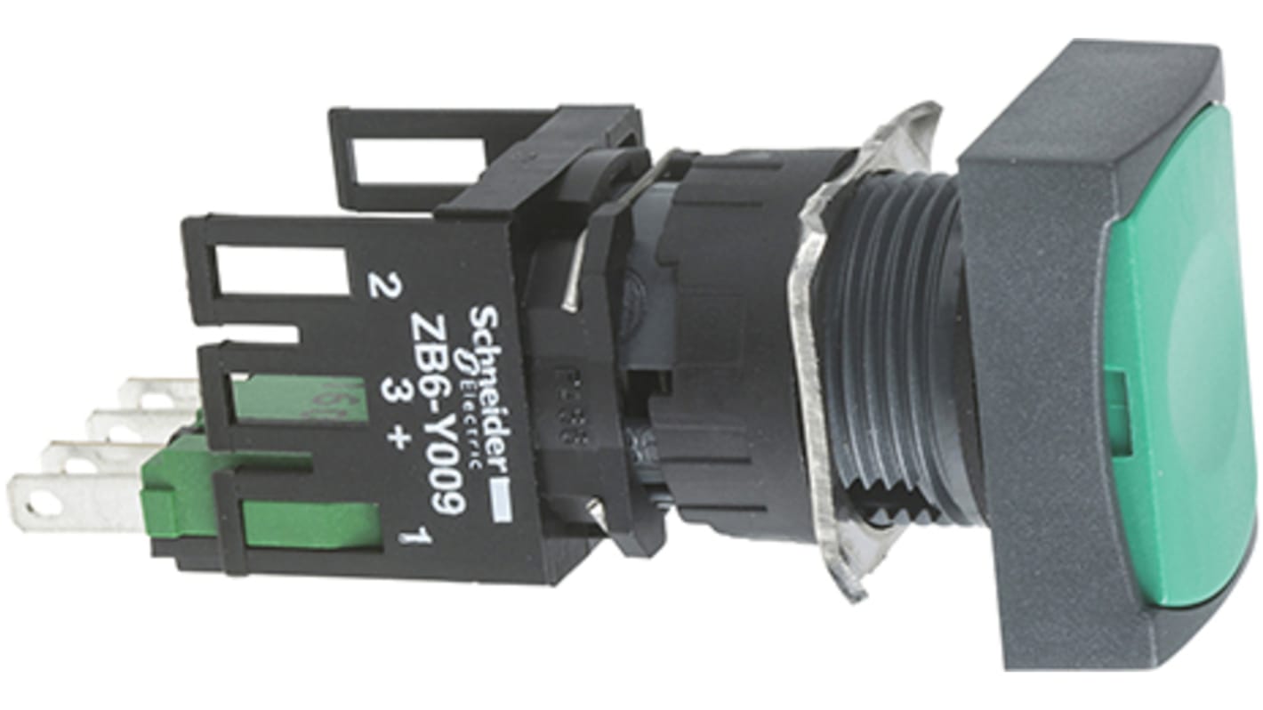 Pulsante Schneider Electric XB6DA35B, rettangolare, Ø16 mm, SPDT, 1NO+1NC, verde, IP65, con cornice in plastica.