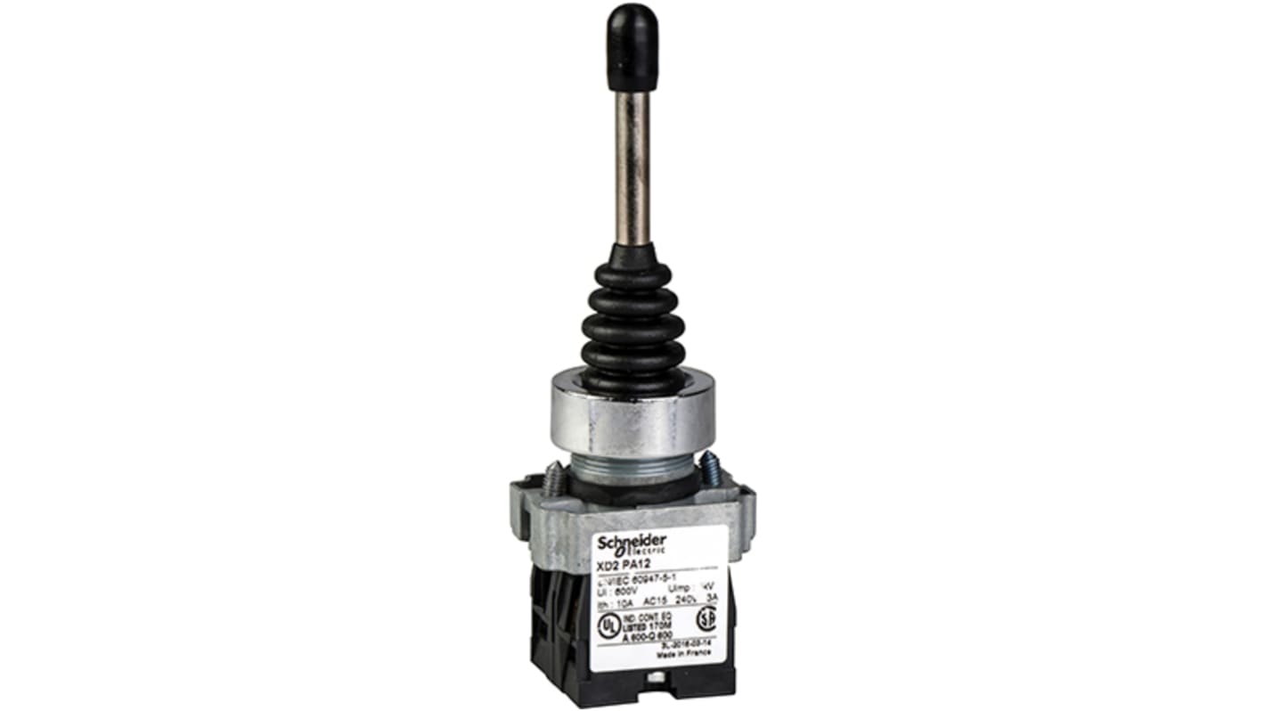 Controller joystick Schneider Electric, Ø22 mm, IP66, 2 direzioni, plastica nera, -25 a 70 °C, codice XD2PA227.
