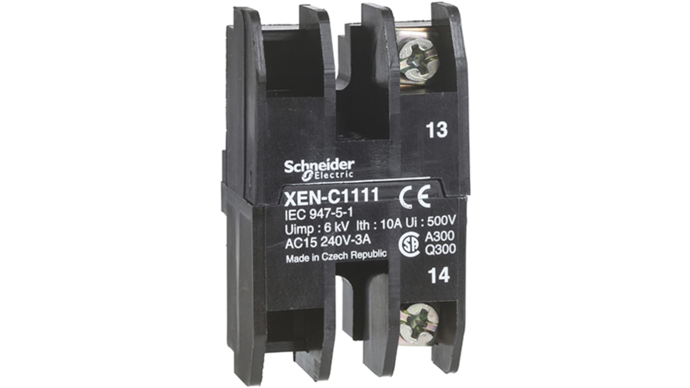 Blocco contatti Schneider Electric XENC1131, 240V, 2 contatti normalmente aperti, corrente nominale 3A.
