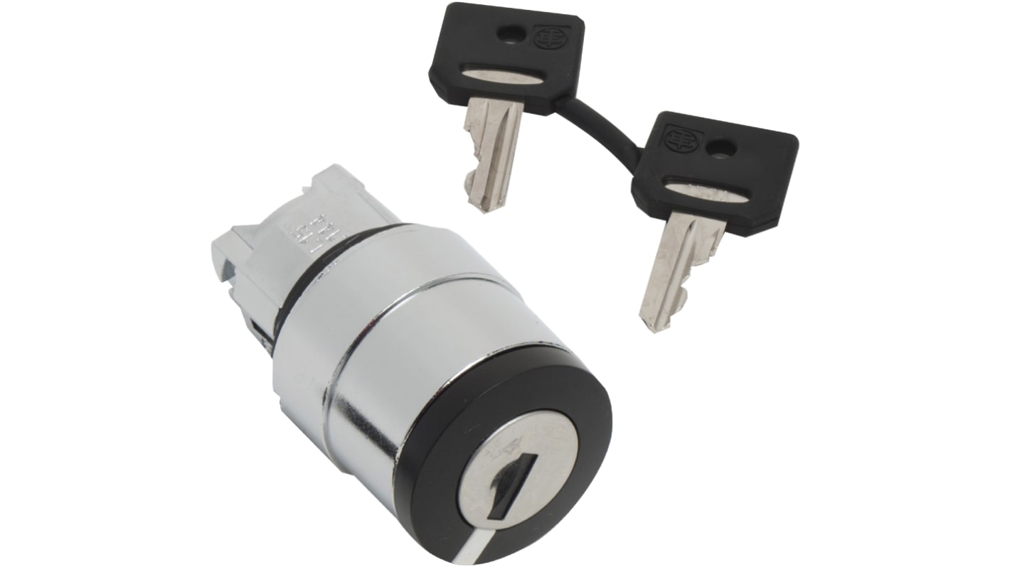 Testa selettore Schneider Electric ZB4BG010, 3 posizioni, Ø22 mm, metallo cromato, IP66, con serratura a chiave.
