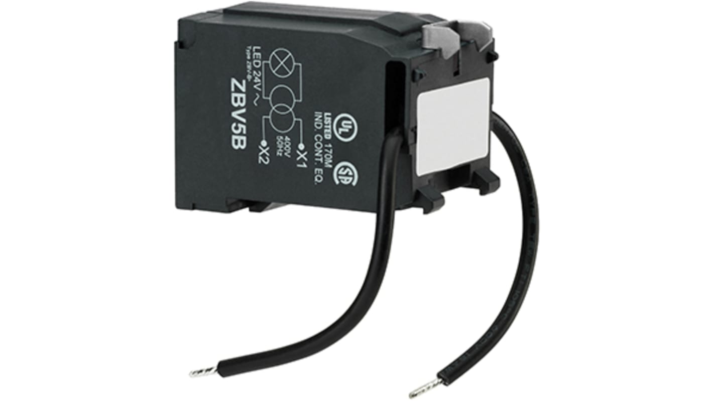 Blocco contatti luminoso Schneider Electric ZBV8B con LED integrato, grado di protezione IP20, privo di mercurio.