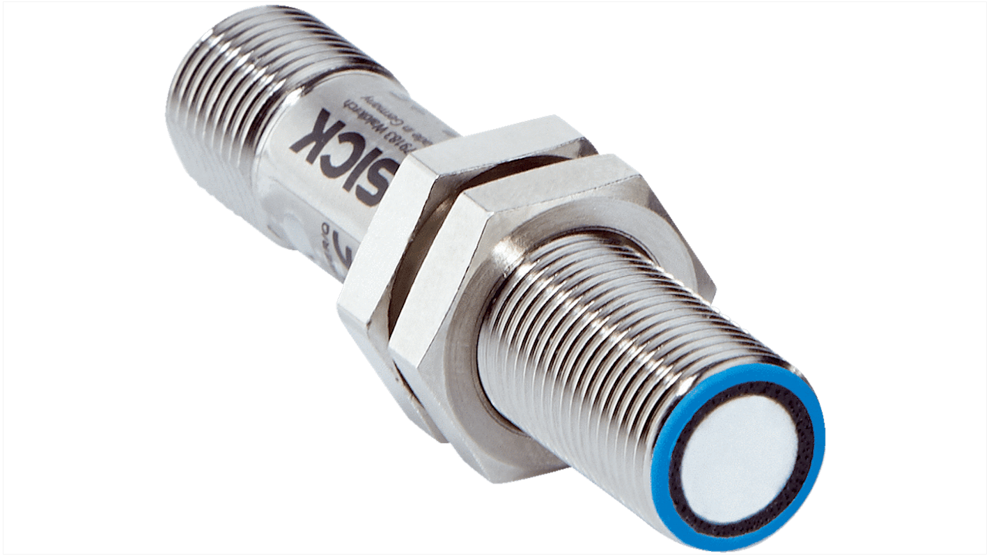 Sensore di prossimità cilindrico Sick UM12-1172271, ultrasuoni, M12, uscita 0-10 V, IP65/IP67, dimensioni 60.1x12 mm.