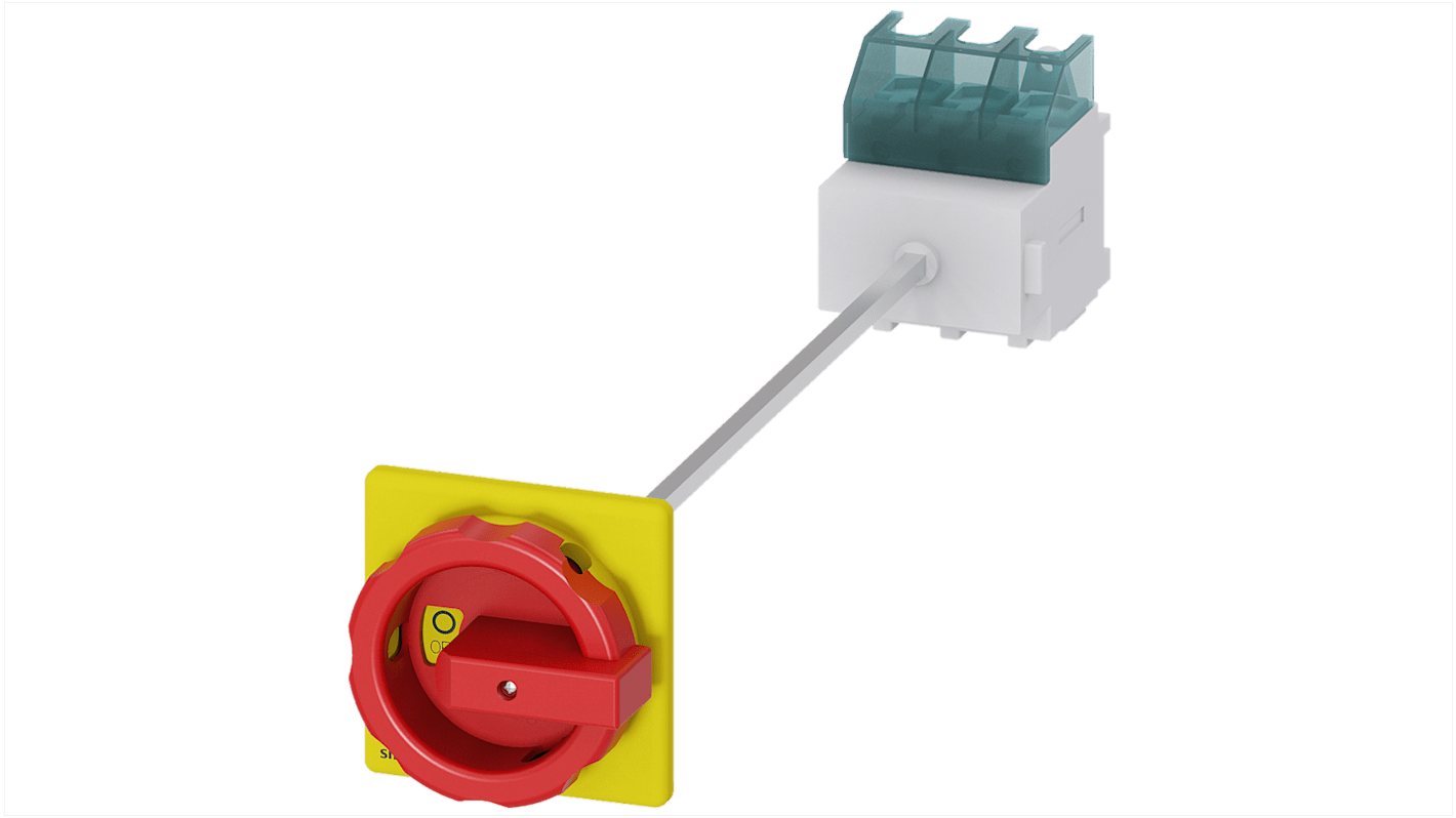 Sezionatore interruttore Siemens SENTRON 3LD, 63A, tre poli, montaggio fisso, albero lungo 300 mm, fusibile integrato.