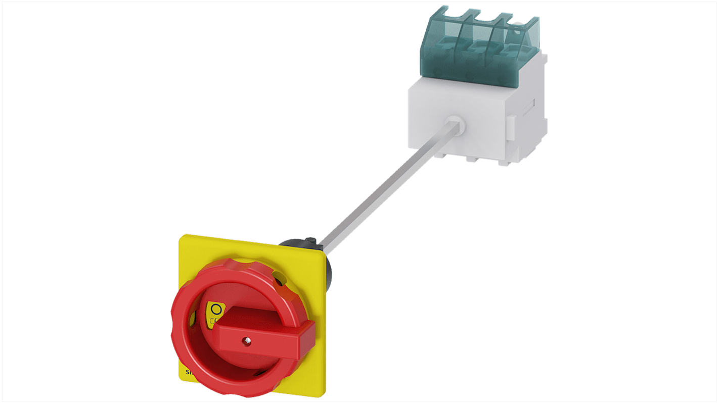 Sezionatore interruttore Siemens SENTRON 3LD, 63A, tre poli, montaggio fisso, albero lungo 300 mm, fusibile integrato.