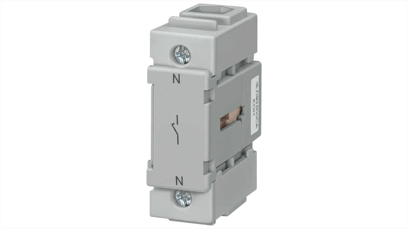 Interruttore ausiliario Siemens 3LD9250-0CA per sezionatori, montaggio anteriore, con contatti per accensione e spegnimento ritardato.