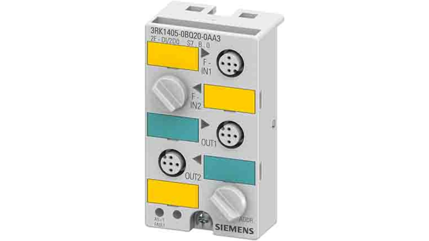 Modulo I/O compatto ASIsafe Siemens 3RK1405-0BQ20-0AA3, 24 V, 2 ingressi F-DI, 2 uscite DQ, IP67, protezione cortocircuiti.