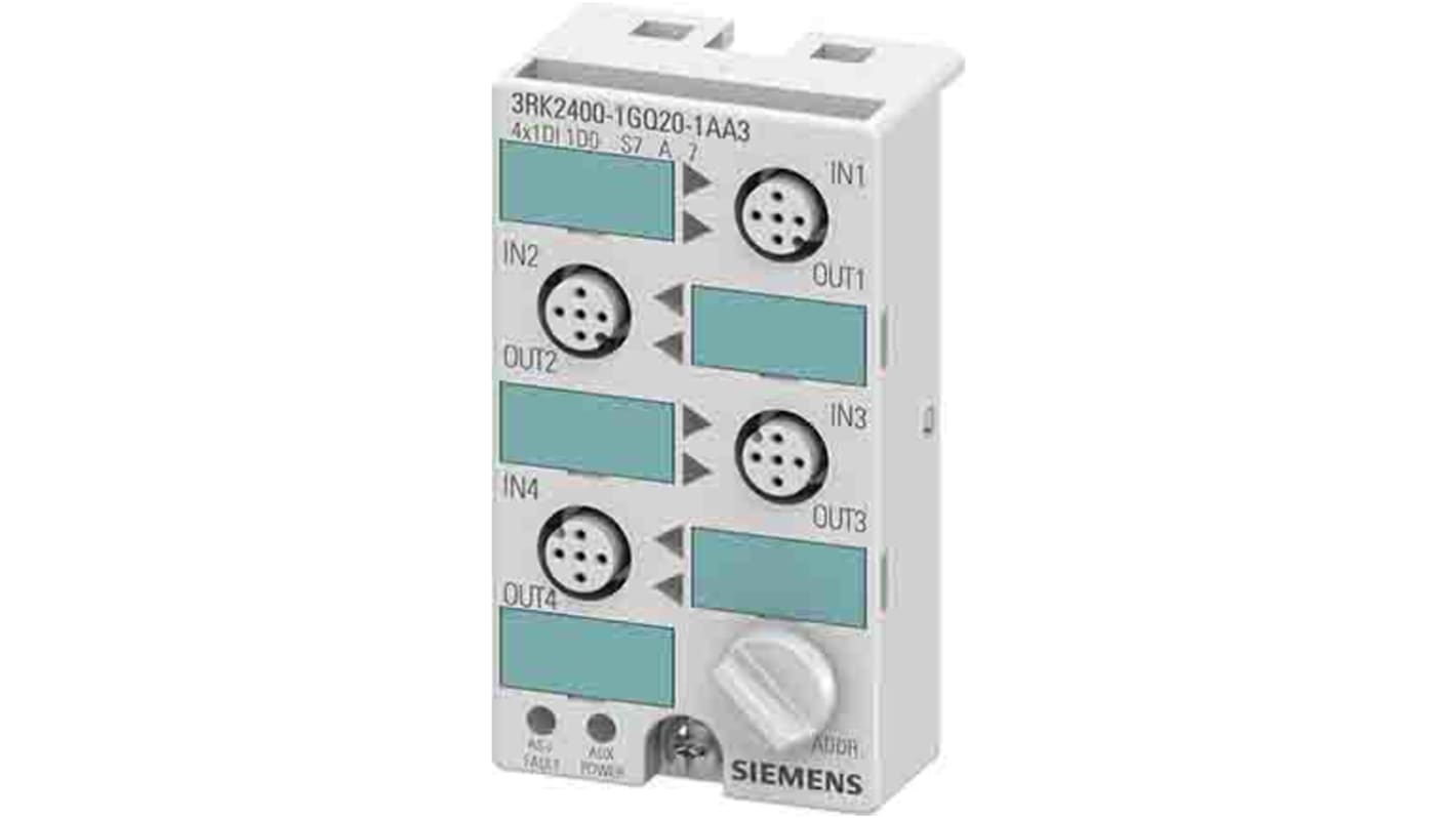 Modulo I/O PLC Siemens 3RK2400-1GQ20-1AA3, 4 ingressi/uscite, IP67, corrente max 500 mA, compatibile con piastra 3RK1901.