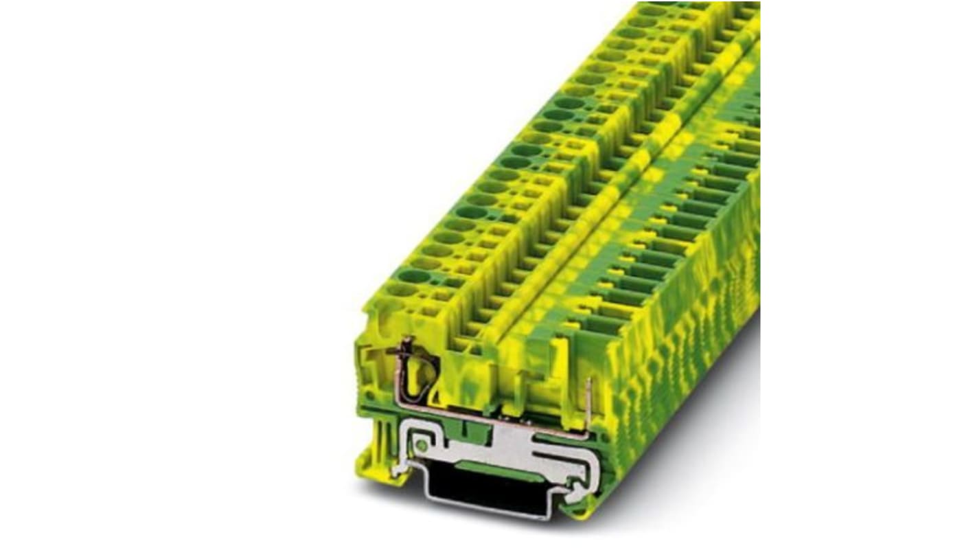 Morsettiera di terra Phoenix Contact 3042722 con gabbia a molla, 2 connessioni, sezione 0,08-6 mm², verde-giallo, per montaggio su guide DIN NS 35/7,5 e NS 35/15.