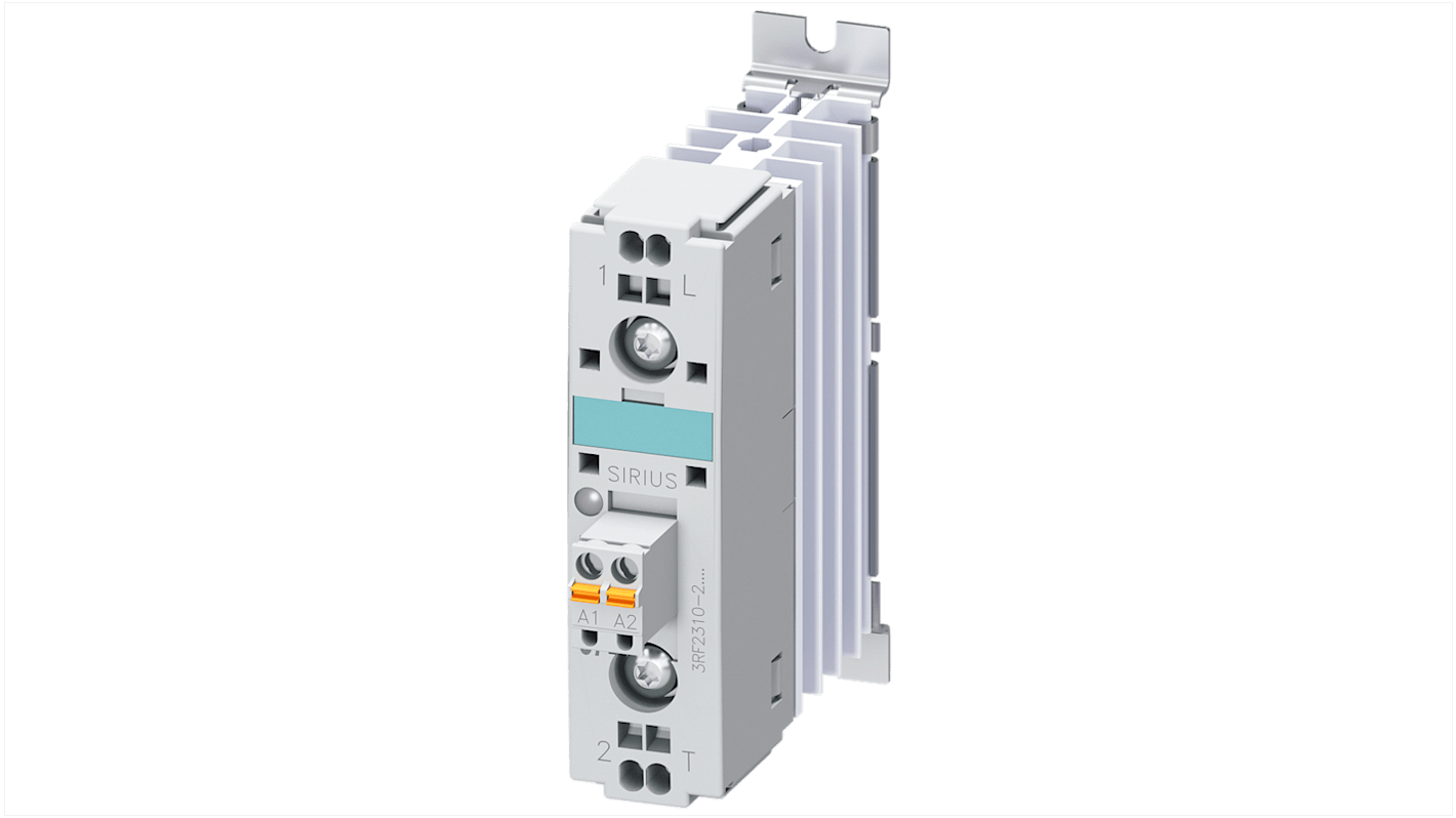 Contattore a stato solido Siemens 3RF2310-2AA06, monofase, 10 A, 48-600 V, montaggio su guida DIN.