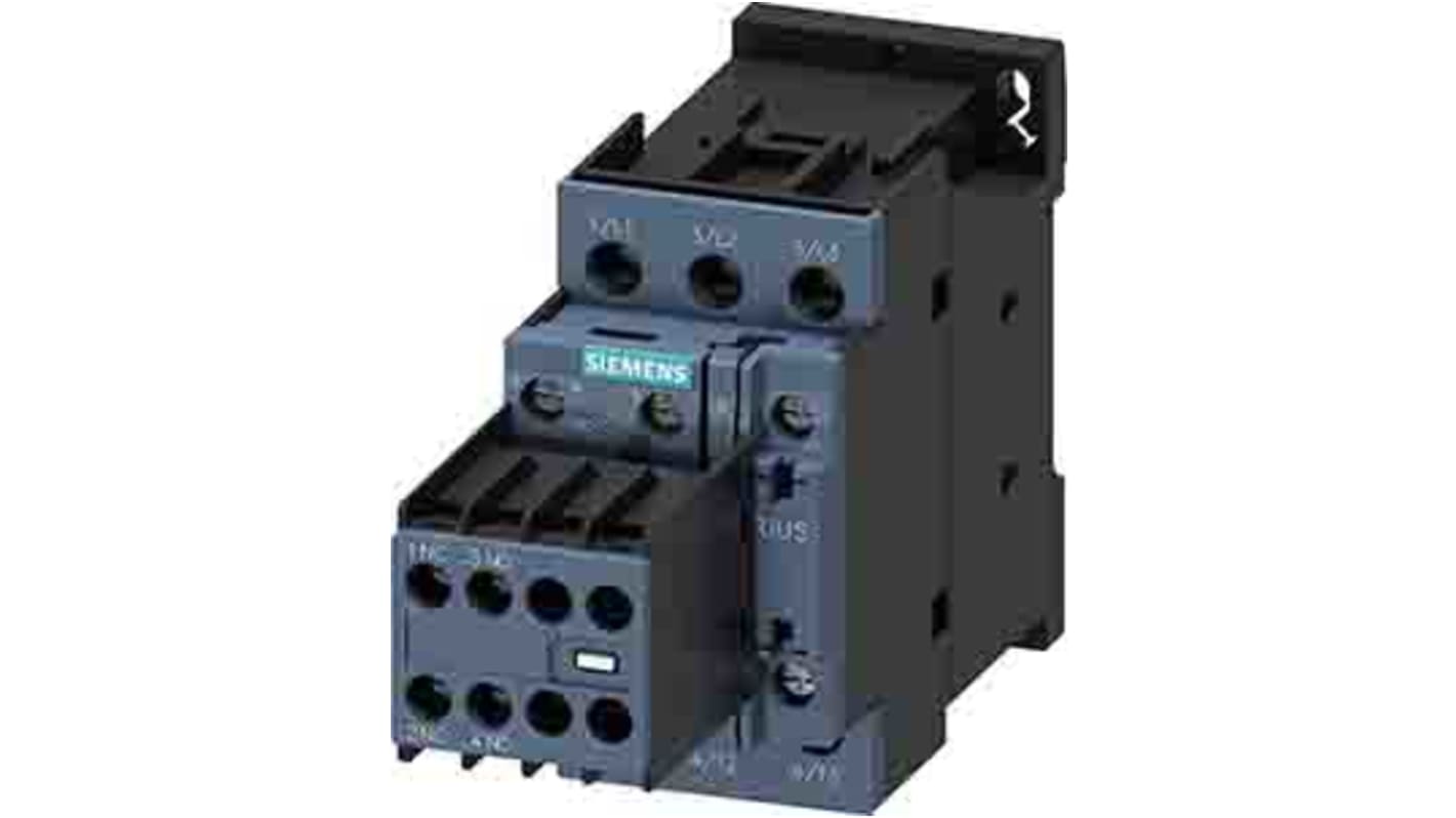 Contattore Siemens 3RT2027-1AB04, 3 poli, 2NO + 2NC, 32 A, 15 kW, bobina 24 V ac, design compatto e modulare.