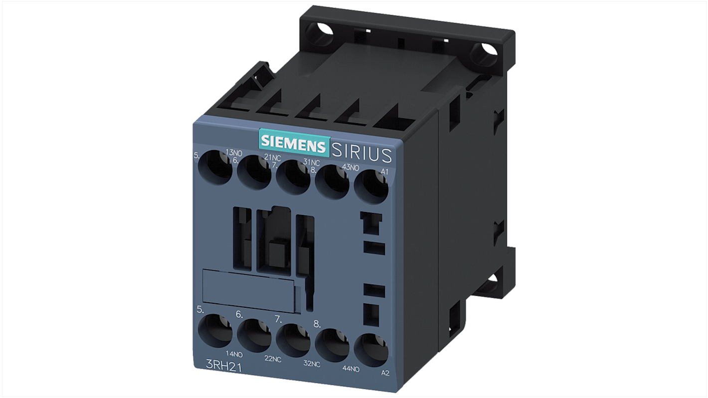 Contattore Siemens 3RH2122-1AN20, 2NC + 2NO, corrente 3 A, tensione fino a 220 V c.a., grado di protezione IP20.