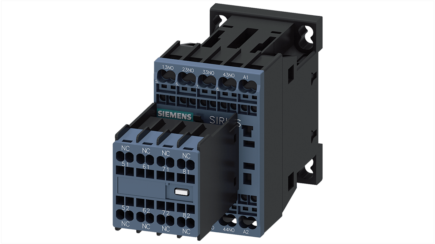Contattore Siemens 3RH2344-2AF00, 4NC + 4NO, corrente 3 A, tensione fino a 110 V c.a., grado di protezione IP20.