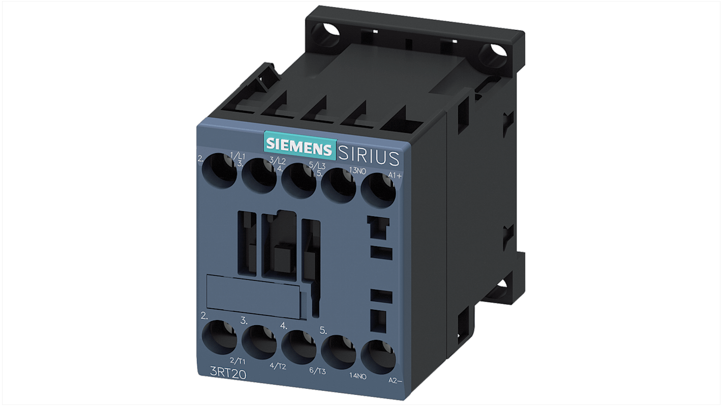 Contattore reversibile Siemens 3RT2015-1VB41, 3 poli, 7 A, bobina 24 V c.c., montaggio a vite, design compatto.