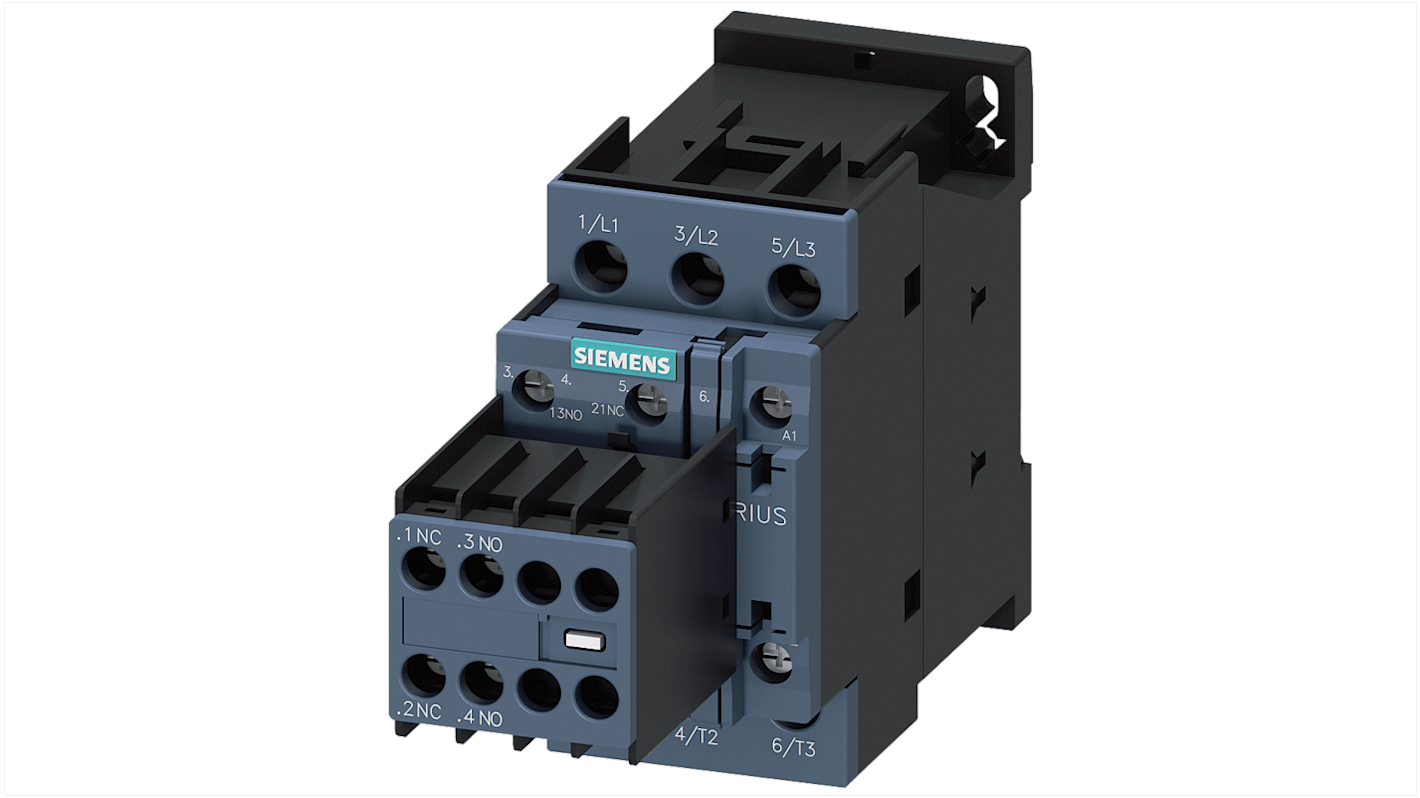 Contattore reversibile Siemens 3RT2026-1AB04, 3 poli, 25 A, 11 kW, tensione 24 V c.a., montaggio a vite e snap-on.