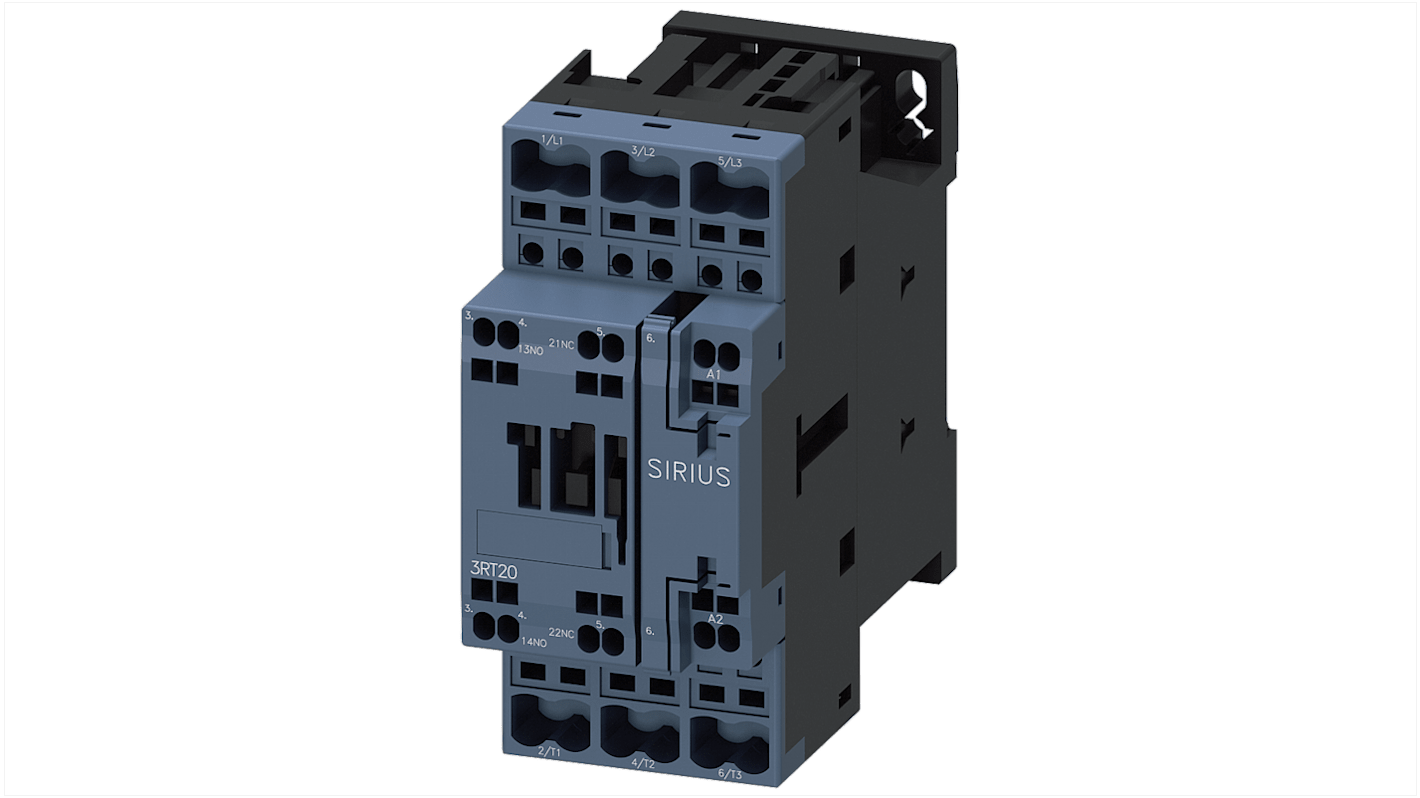 Contattore reversibile Siemens 3RT2027-2AC20, 3 poli, 32 A, 15 kW, tensione 24 V c.c., montaggio a vite e snap-on.