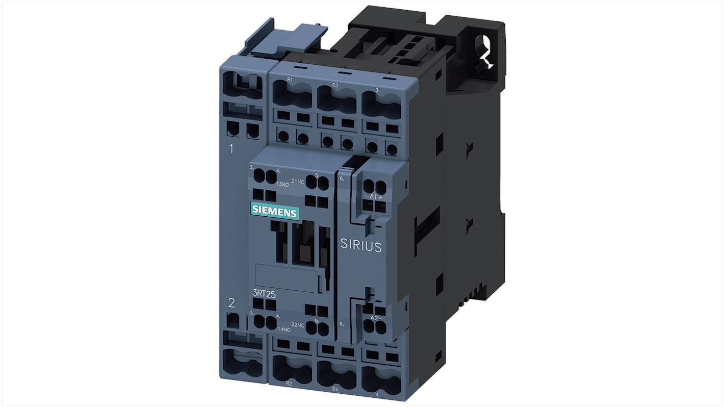 Contattore reversibile Siemens 3RT2526-2BB40, 4 poli, 25 A, 11 kW, montaggio a vite, tensione 24 V c.c., design compatto.