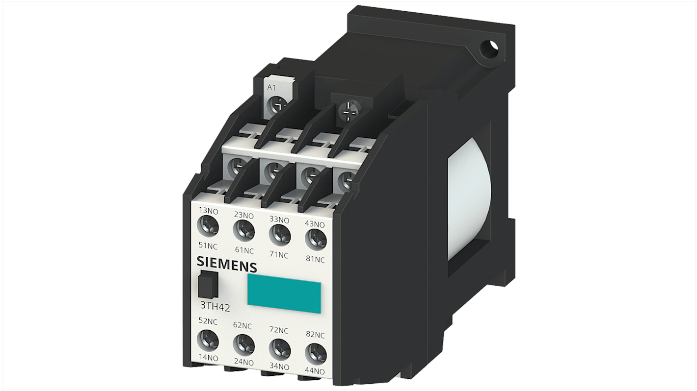 Contattore reversibile Siemens 3TH4244-0BF4, 8 poli, 6 A, 110 V c.c., 4 contatti NC e 4 NO, grado di protezione IP20.