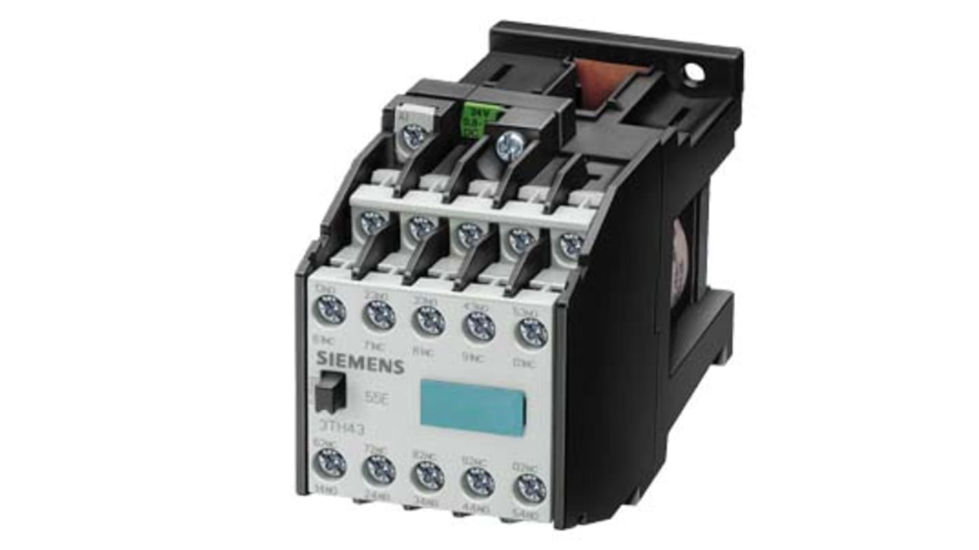 Contattore reversibile Siemens 3TH4271-5KB4, 8 poli, 6 A, 24 V c.c., IP20, -25 a +55 °C, conforme IEC e UL/CSA.