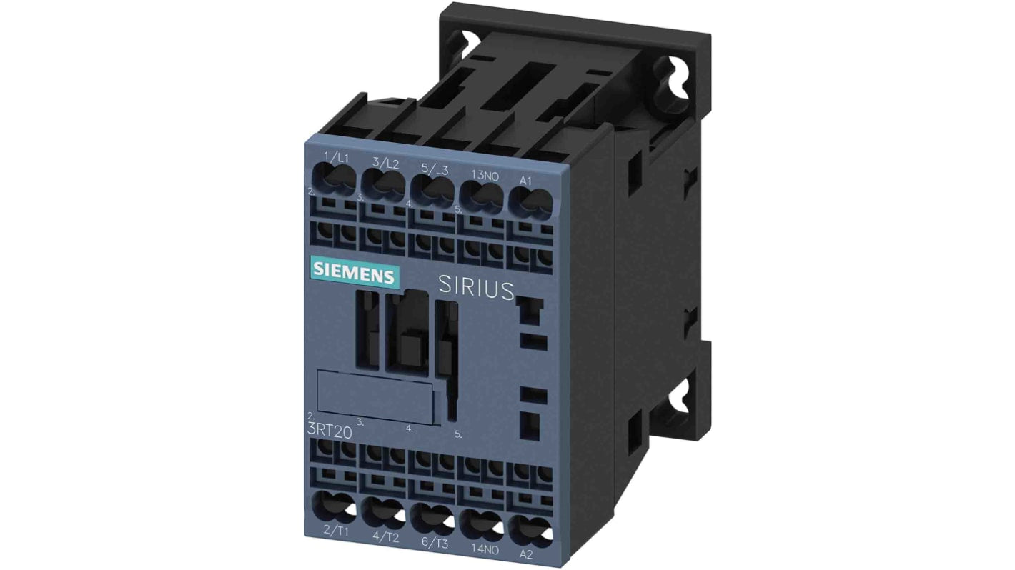 Contattore Siemens 3RT2015-2AK61 3 poli, 1 NA, 3 kW. Reversibile per motori di commutazione. Resistente agli agenti atmosferici.