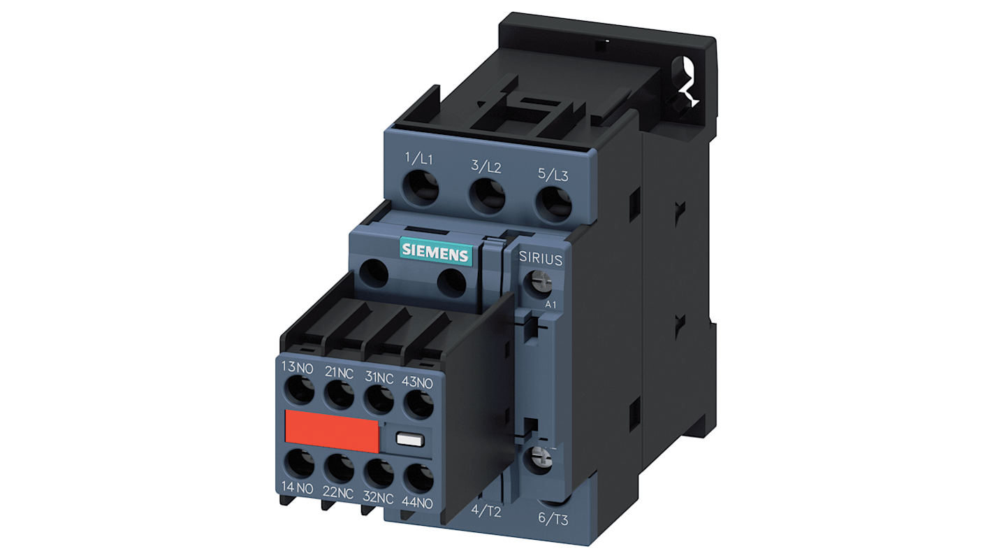 Contattore reversibile Siemens 3RT2026-1CL24-3MA0, 3 poli, 11 kW, 25 A, 400 V, con varistore integrato e terminale a vite.