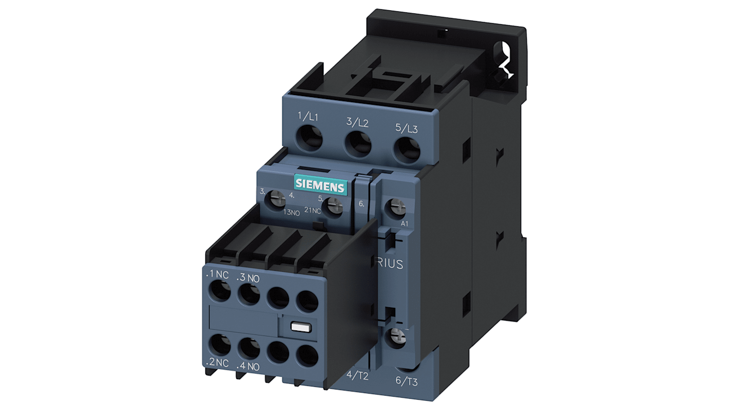 Contattore reversibile Siemens 3RT2028-1AF04, 3 poli, 2 NO + 2 NC, potenza 18,5 kW, tensione 400 V, sistema Sirius.