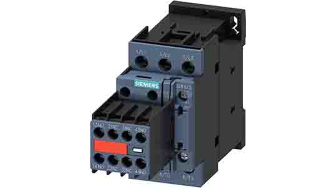 Contattore Siemens 3RT2024-1CL24-3MA0, 3 poli, 2 NO + 2 NC, 12 A, bobina 230 V c.a., design compatto e terminali frontali.