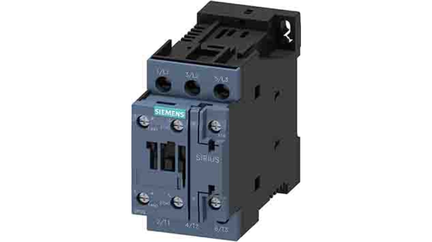 Contattore Siemens 3RT2024-1NP30, 3 poli, 1 NO e 1 NC, 12 A, bobina 280 V, design compatto e resistente.