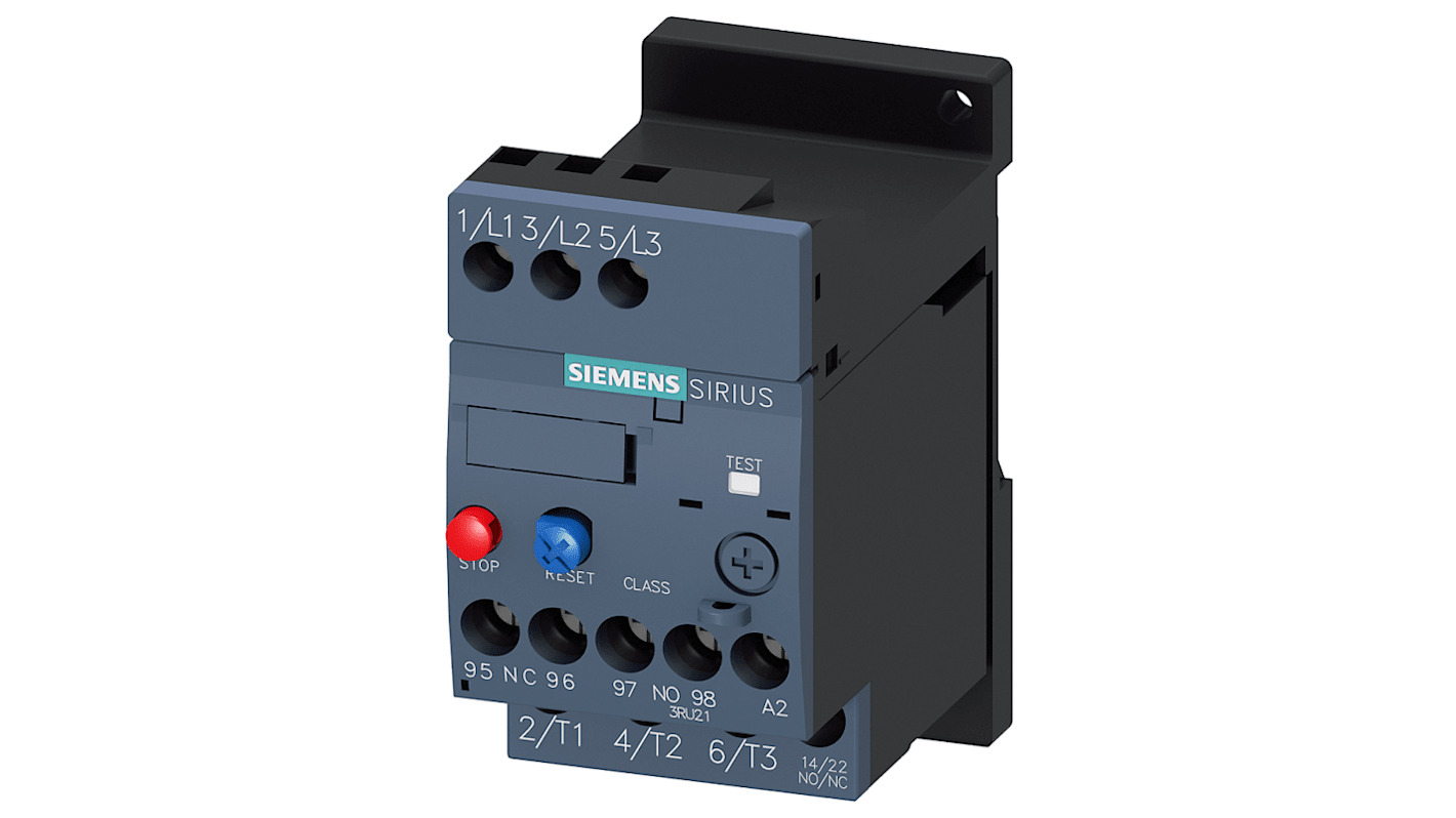 Relè di sovraccarico Siemens 3RU2116-1GB1, corrente nominale 4,5-6,3 A, potenza 2,2-4 kW, montaggio a vite.