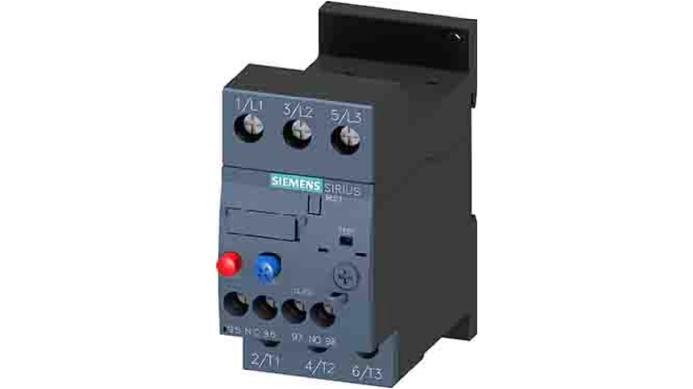 Relè di sovraccarico Siemens 3RU2126-4DB1, FLC 25 A, contatto 3 A, tensione 690 V, potenza 11-22 kW, montaggio a vite.
